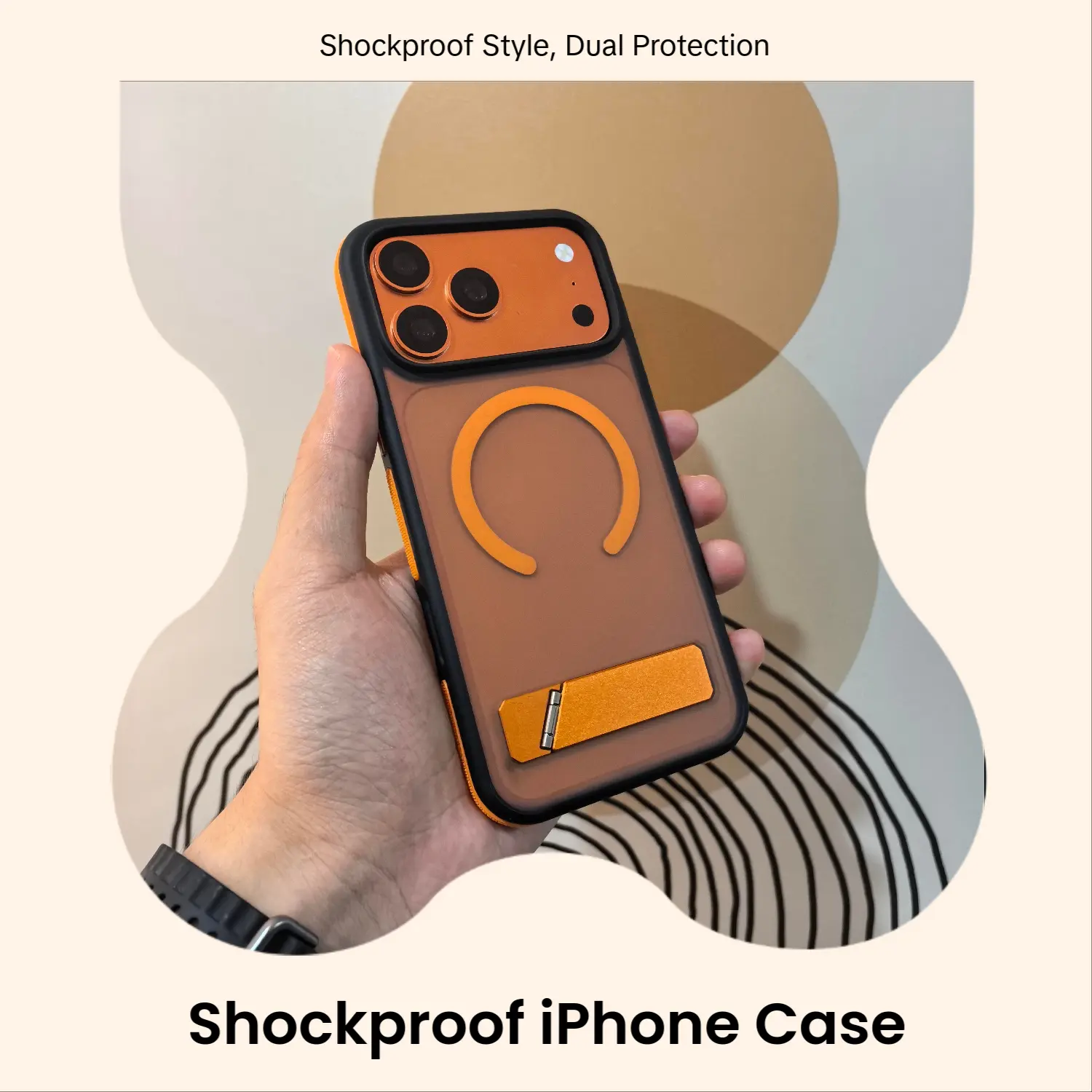 2 in 1 : 1 Case + 1 Screen protector, Shockproof iPhone Case with KickStand for iPhone 11 12 13 14 15 16 17 - Orange & BlacK