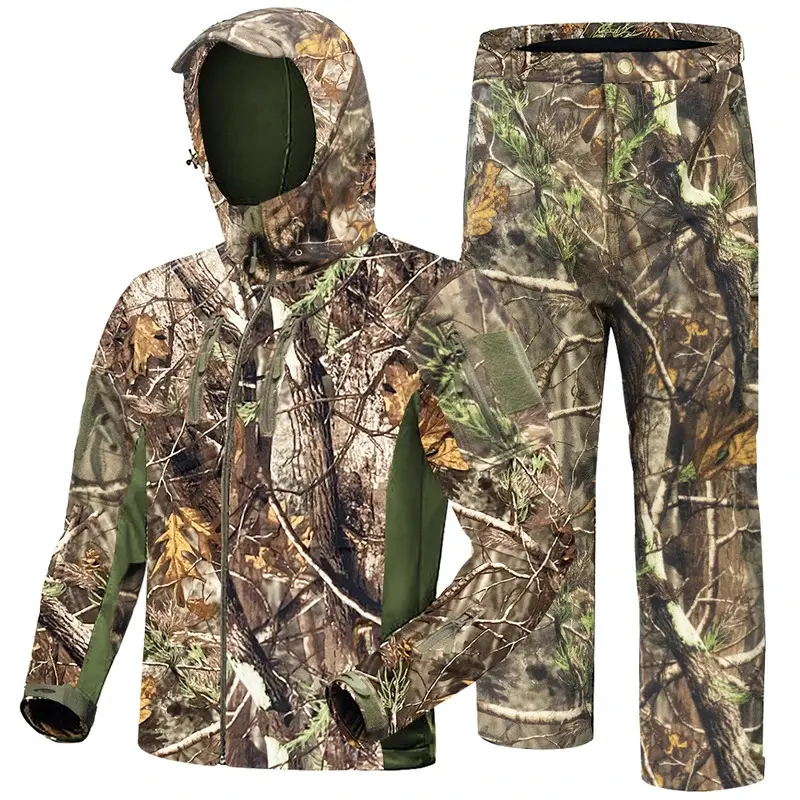 Unisex Camouflage Hunting Suit - 2-Piece Fleece-Lined, Waterproof, Silent Jacket & Pants with Adjustable Parts, Safety Belt Compatibility, Standard Sizes