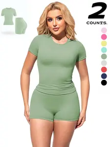 Women's Outdoor Sports Yoga Set, Slim Fit High Waist Short Sleeve Shorts, Breathable Quick Dry Fabric, Casual Home Gym Wear, Workout Daily Wear