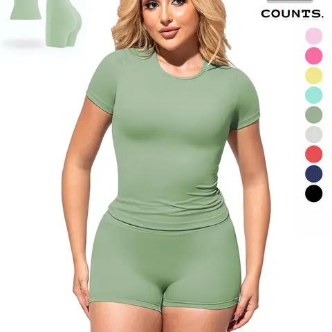 Women's Outdoor Sports Yoga Set, Summer Activewear, Slim Fit High Waist Short Sleeve Shorts, Breathable Quick Dry Fabric, Casual Home Gym Wear, Workout Sets, Yoga Activewear