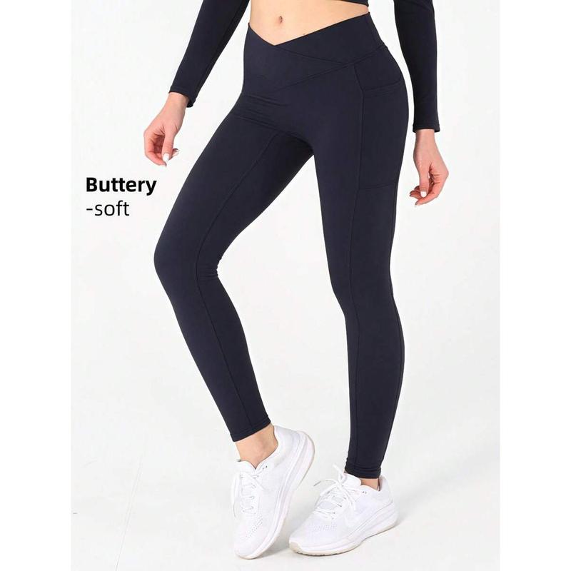 Women's V-Shaped Cross Waist High Waist Pocket Yoga Pants, Casual Solid Color Spandex Nylon Knitted Fabric, Soft And High Elasticityr