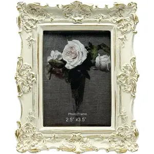 2.5x3.5  Small Picture Frame, Antique Ornate White with  Wallet Size Photo Frame, for Table Top and Wall Display, Decorative Floral Design Retro  Decor, Photo Gallery Art