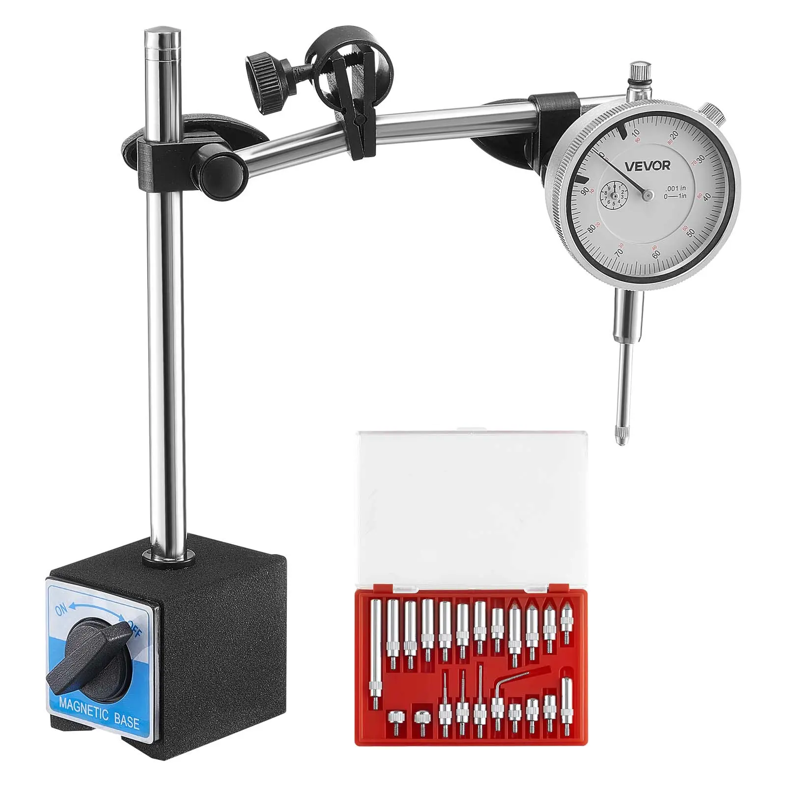 VEVOR Automotive Imperial Dial Test Gauge, 0.001in Accuracy, 0-1in Range, Dual Rod Stand, Fine Adjustable Long Arm, Non-Magnetic Centering Rods, 2.4in Size, Stainless Steel-Aluminum Alloy, Storage Case for Car Repair, Machining Check, Precision Measure, 2