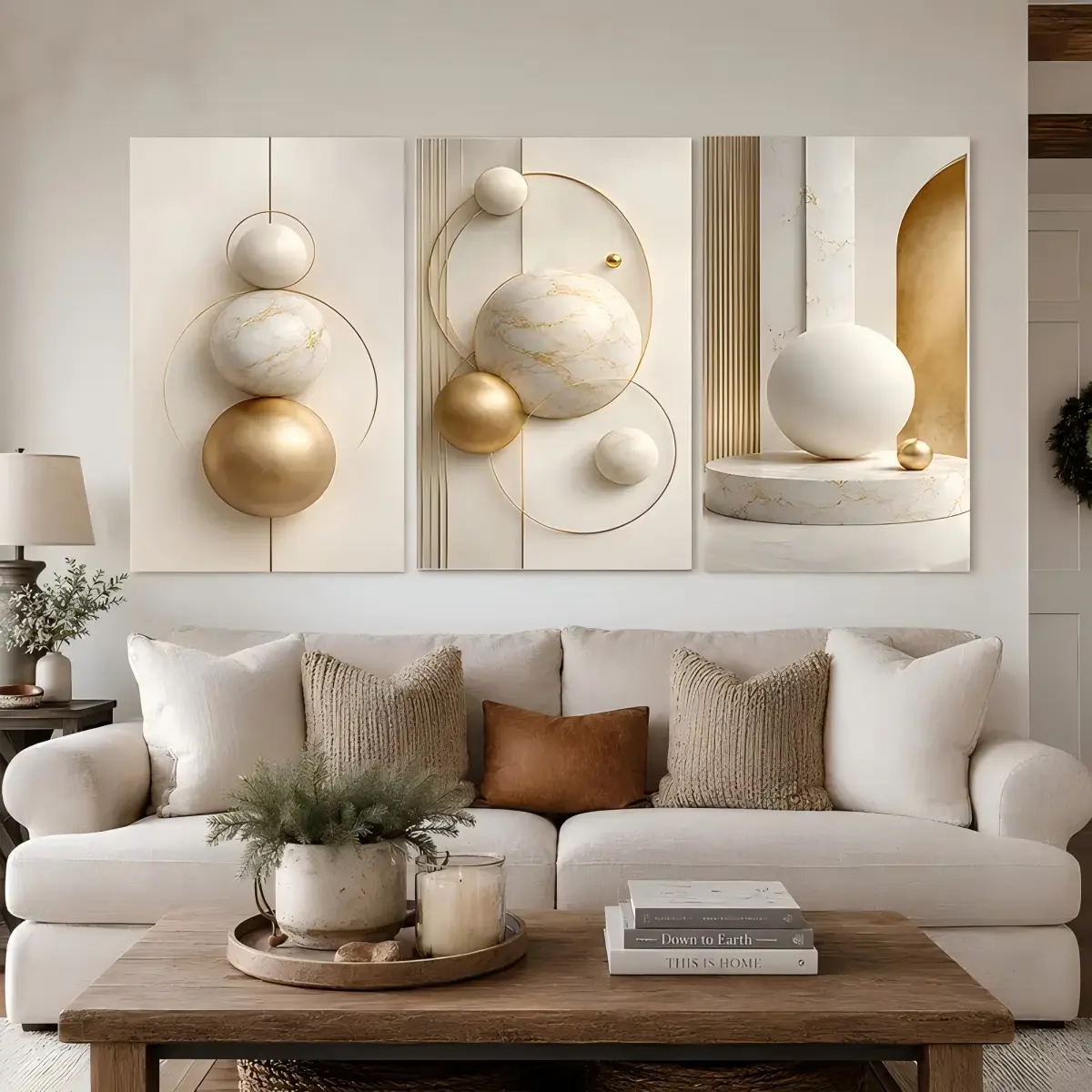 3 Piece Modern Geometric Design Canvas Wall Art Prints Set, Cream & Gold Tones, Spheres, Circular Lines, Minimalist Neutral Home Decor, Living Room & Bathroom Decor Set, Kid Room Gift, Elegant Aesthetic Wall Decoration,Thanksgiving Holiday Idea