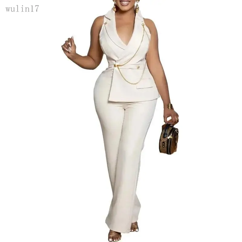 Women's Lady Basic Elegant Solid-Color Suit Collar Chain Casual Wide-Leg Overalls, All-Seasons Party Wear Clothes, Minimalist, Fashion Suit, Patchwork, Full-Length