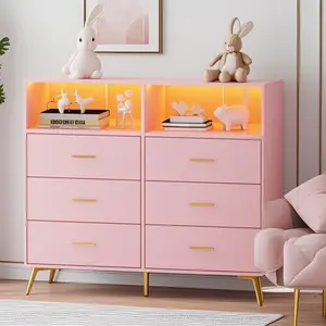 【Christmas Gift】Home Dresser for Bedroom with 6 DrawersBaby Changing Table Dresser with Changing Pad LED Lights Charging Station PINK