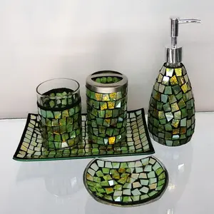 Green and Gold Mosaic Glass Bathroom Accessory Set