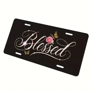Blessed Flowers Aluminum License Plate - 6x12 Inch Polished Metal Trim with Elegant Cursive "Blessed" Design, Easy to Install, Durable & Stylish Car Plate for Men & Women