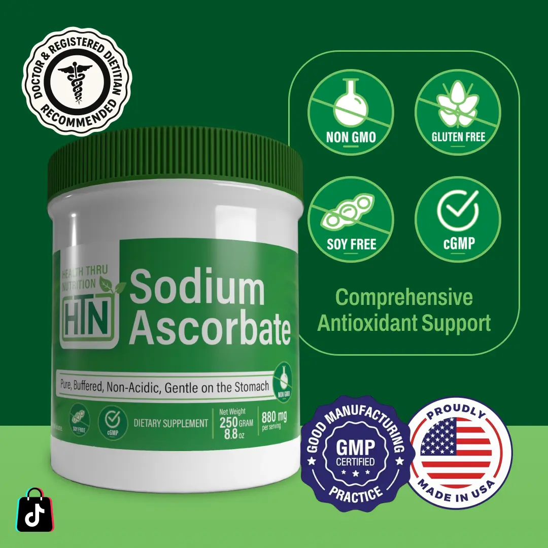 Health Thru Nutrition Sodium Ascorbate – 1,000mg Buffered Vitamin C 250g Jar | Gentle Immune & Antioxidant