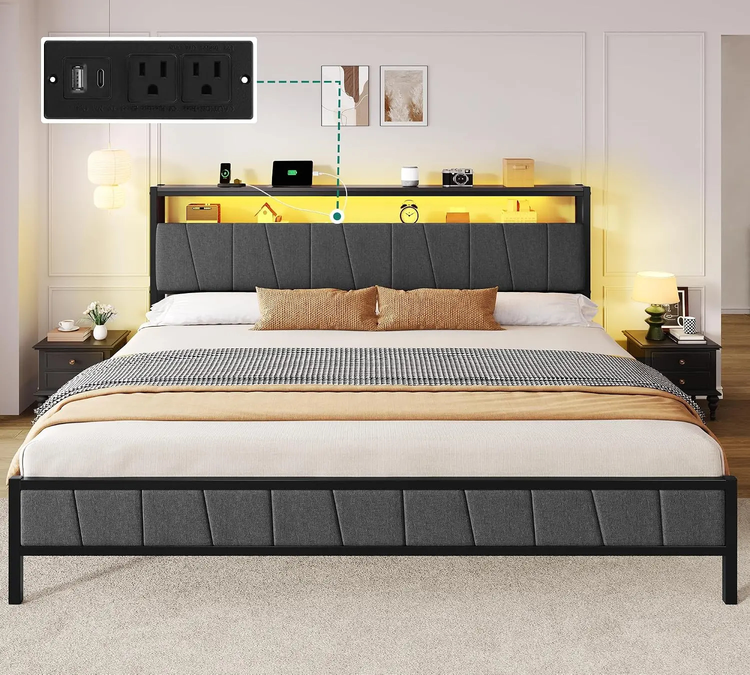 YITAHOME Queen Bed Frame with Flip Storage Headboard | APP RGB LED Upholstered Platform Bed with Multi-Port Charging Station, Heavy Duty Metal Slats, No Box Spring Needed, Easy Assembly - Gray & Black