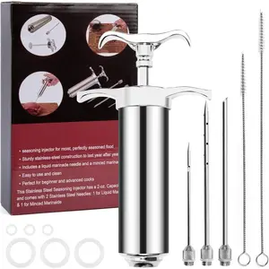 Meat Injector Syringe Kit, Flavor Injector with 3 Marinade Needles, Stainless Steel Kitchen Food Injection Syringe for Turkey Cooking