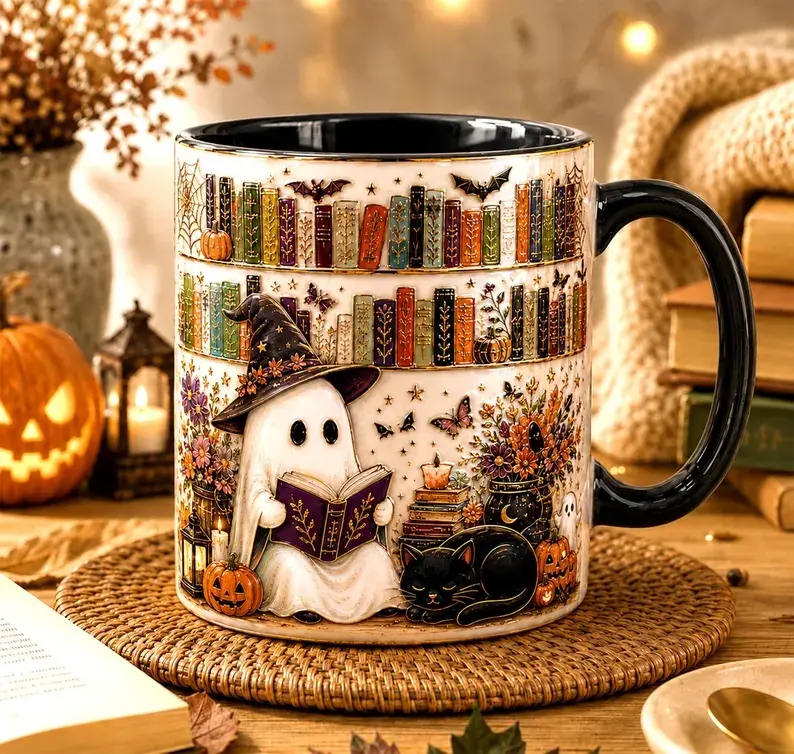 Ghost Reading Book Stained-Glass Style Mug, Cute Bookish Ghost Mug, Bookshelf Library Pottery, Spooky Librarian Mug, Ghost Reading Mug