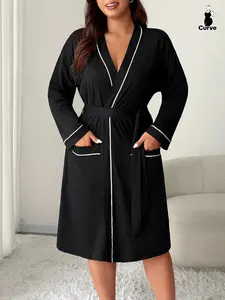 Women's Plus Size Long Sleeve Sleeprobe Nightwear, Loose V-Neck Homewear Loungewear with Pockets and Hem, Casual Floral Nightgown/robe Elegance
