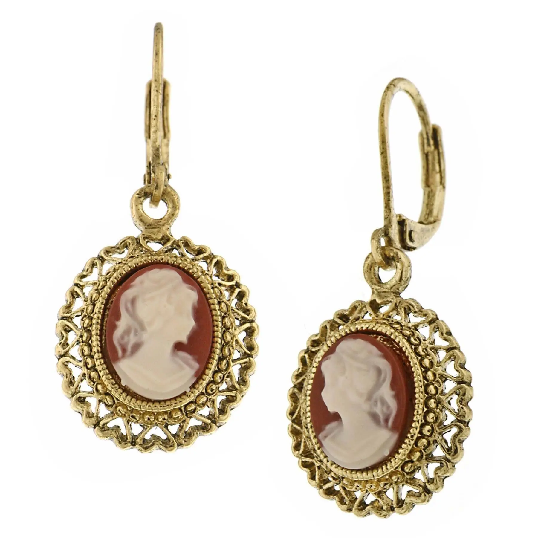 Dark Carnelian Oval Cameo Hearts Drop Earrings