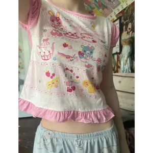 Sweet Crop Top Grunge Cartoon Print Harajuku Contrast Color T-shirt Women Y2k Aesthetic Slim Ruffled Tee Vintage Fairy Japanese