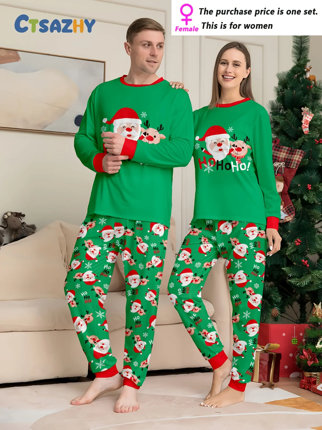 Men's/Women's Couple Christmas Long Sleeve Trousers Homewear Pajama Set, Santa Claus Reindeer Snowflake Printing Elements, Crew Neck Design for Men and Women