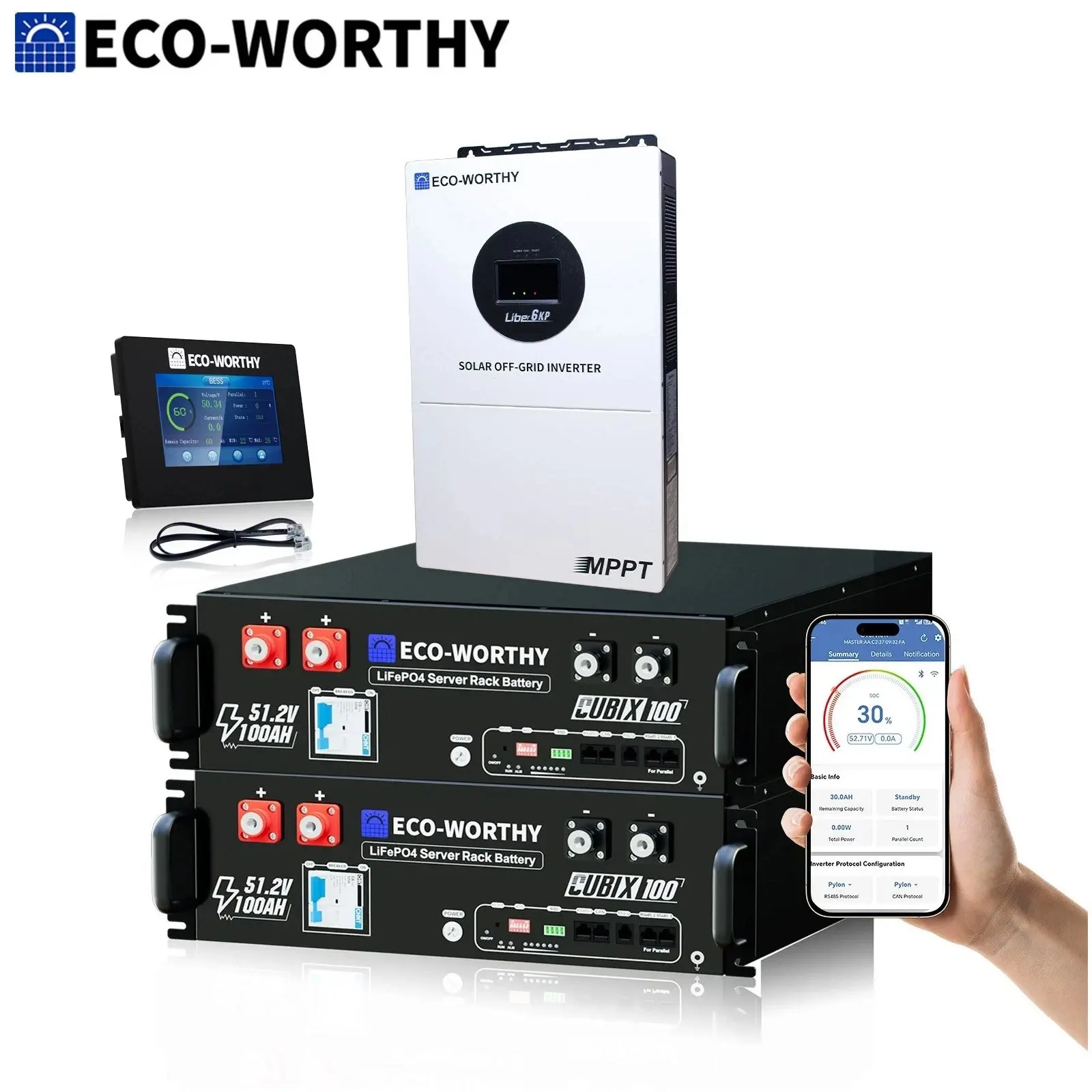 ECO-WORTHY Cubix100 48V 100Ah LiFePO4 Battery w/Bluetooth, Supports 4.3" Touch Monitor & 6KW Off-Grid Split-Phase Inverter | UL9540/UL1973/CEC Listed | 5120Wh Server Rack for Solar & Home Backup