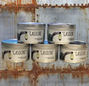 Gasoline Scented Soy wax candle. The candle is 100% made in the USA by Crafty American and is 100% soy wax. The 8oz candle has a metallic label