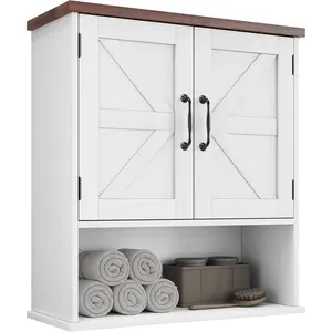 Bathroom Wall Cabinet with Barn Doors, Wall Mounted Bathroom Cabinet, Farmhouse Style, Adjustable Shelf, Wall Mounted  Cabinets, White