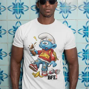 Mens BFE Exclusive Clumsy Smurf Graphic Round Neck Casual T-Shirt, Menswear Top for Sneaker Pairing