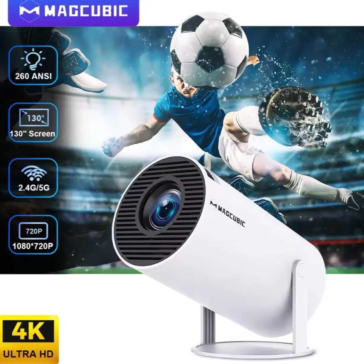 Smart 4K Home Projector - Portable and Easy-to-Travel-With Device for Movies and Games Anytime, Anywhere