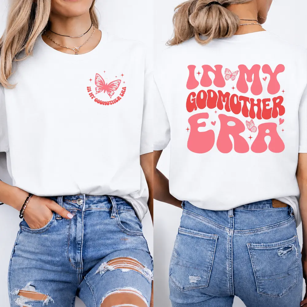 Godmother Era T-Shirt, Retro Pink Lettering & Butterfly Design, Family Love Graphic Shirt for Proud Godmothers & Bonus Moms, Gift for Birthdays, Baptisms or Family Gatherings