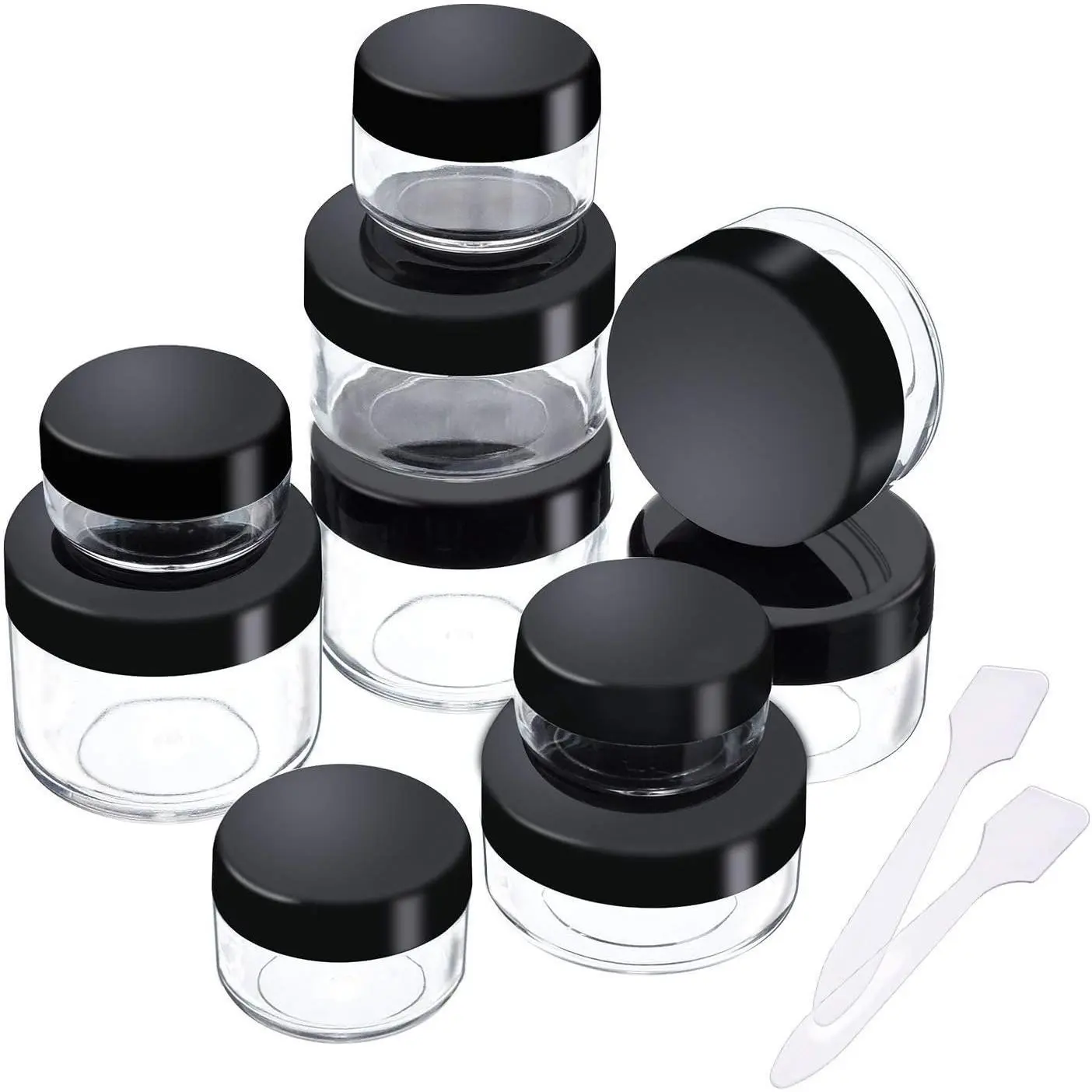 10 count Empty Clear Plastic Makeup Sample Containers with 2 count Mini Spatula 3/5 / 10/15 / 20 Gram Size  Pot Jars with Screw Cap Lids