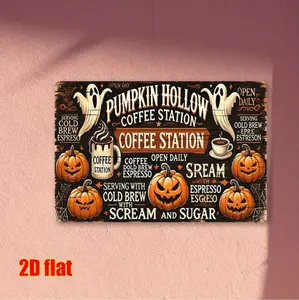 Vintage Halloween Pumpkin Coffee Station Decor Metal Tin Sign Featuring Jack-O'-Lanterns Ghosts and Autumn Leaves for Home Cafe Bar or Garage