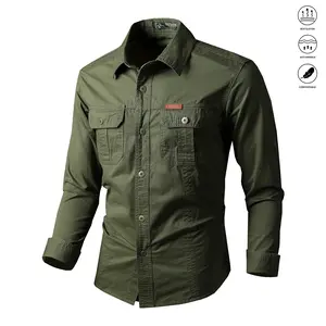 Men’s 100% cotton casual solid-color long-sleeve shirt with multiple pockets, loose fit, suitable for everyday wear
