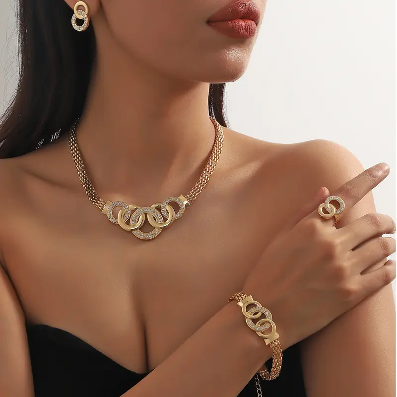 Women's 5-Piece Costume Jewelry Set - Rhinestone Cross Ring, Necklace, Earrings, Bracelet, Gold-Tone Bridal Accessories, Cross-Detail Shine, Gold-Tone Shine, Luxe Look, Ideal for Gifting & Banquets, Jewelry for Women