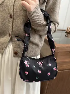 Women's Bow Handbag with Rose Flower Pattern, Wrinkled Shoulder Bag, Daily Use Gift, Fashion Valentine's Day Present, Trendy Accessory, Bow Shoulder Bags