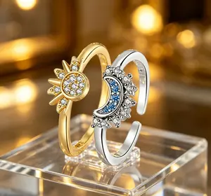 Sun & Moon Ring Set Friendship Rings Gold Silver Glitter Crystal Sun Ring Blue Moon Ring Blue Moon Ring Stackable Celestial Rings Gifts For The Ladies And Girls, Crystal, Crystal