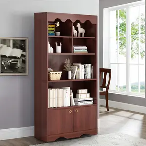 63 in Tall 5-Tier Modern Bookcase, Wood Storage Organizer with Doors & Open Shelves, Display Bookshelf for Bedroom Living Room Office