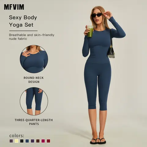 MFVIM Women’s 2-Piece Yoga Set - Skin-Friendly Crew Neck Long Sleeve, 3/4 Pants Below Knee Workout Clothes, Breathable Nude-Feel Fabric Athleisure Sports Clothing Sets for Yoga