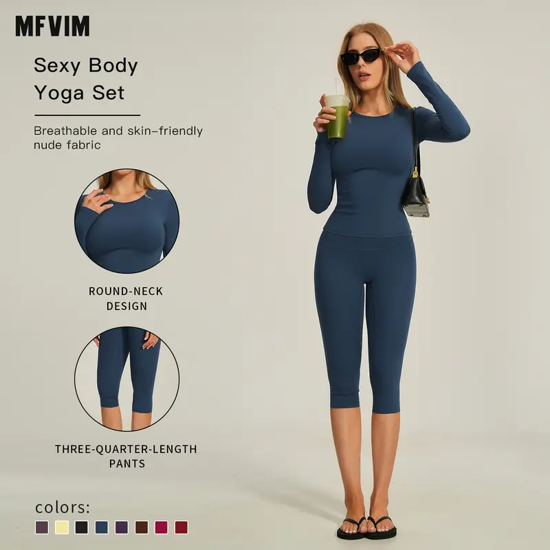 MFVIM Women’s 2-Piece Yoga Set - Skin-Friendly Crew Neck Long Sleeve, 3/4 Pants Below Knee Workout Clothes, Breathable Nude-Feel Fabric Athleisure Sports Clothing Sets for Yoga
