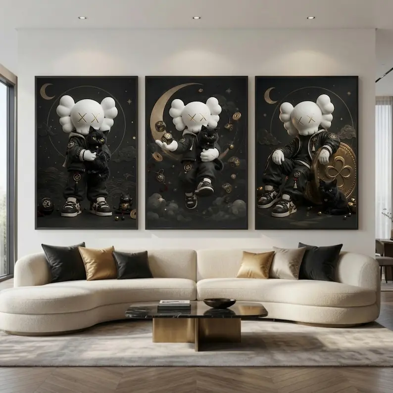 Kaws Wall Art Poster Print Unframed Set of 3, Black White Hypebeast Room Luxury Decor, Black Cat Lucky Charm Kaws Print, HypeBeast Wall Art, White Kaws