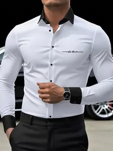 Men's Colorblock Collar Signature Style Business Long Sleeve Shirt, Casual Fitted Plain Design, All Seasons Wear, No Ca Prop 65, Menswear