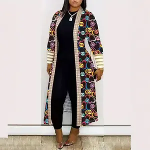 Women's Black Fashion Style Casual Printing Long-sleeved Splicing Medium and Long Cardigan Jacket Women's Clothing