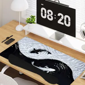 4 - in - 1 Japanese Yin - Yang Koi Elements Large Gaming Mouse Pad + Keyboard Wrist Rest + Mouse Pad with Wrist Support + Coaster Set with Ergonomic Design for Home Office Table Computer, Rubber Base Mousepad with Stitched Edges, Easy Typing Pain Relief