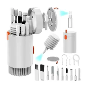 A keyboard cleaning kit with 20 functions integrated, including brushes, laptop cleaning kit, mobile phone and headphones cleaning tools, speaker cleaner. It is a multi-functional cleaning set suitable for iPhones, iPads, computers, screens, camera lenses