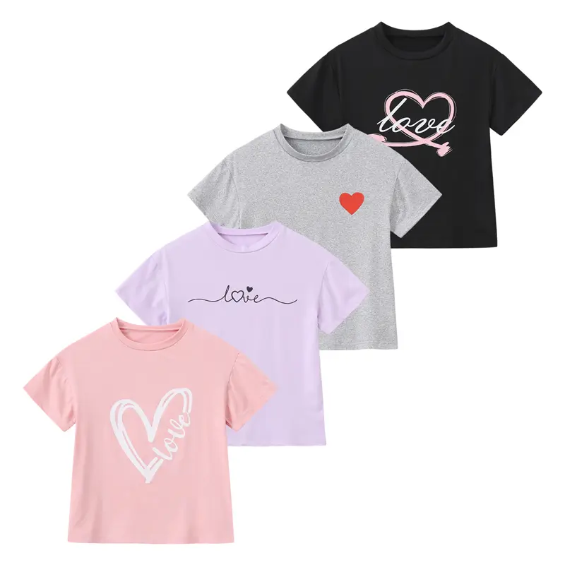 4-Pack Spring and Summer Girls' Fresh Style T-Shirts with Heart Print, Breathable and Comfortable, Sweet Summer Printed Short Sleeves for Children Crew Neck Tshirt Graphic Tee