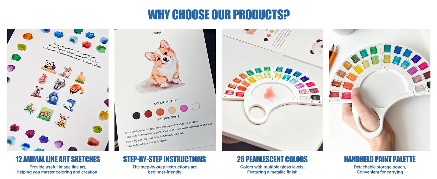 Watercolor Workbook for Kids - 13 Pages 300GSM Paper, Paint Set with Brush & Storage Bag, Beginner-Friendly Coloring Book for Creative Art