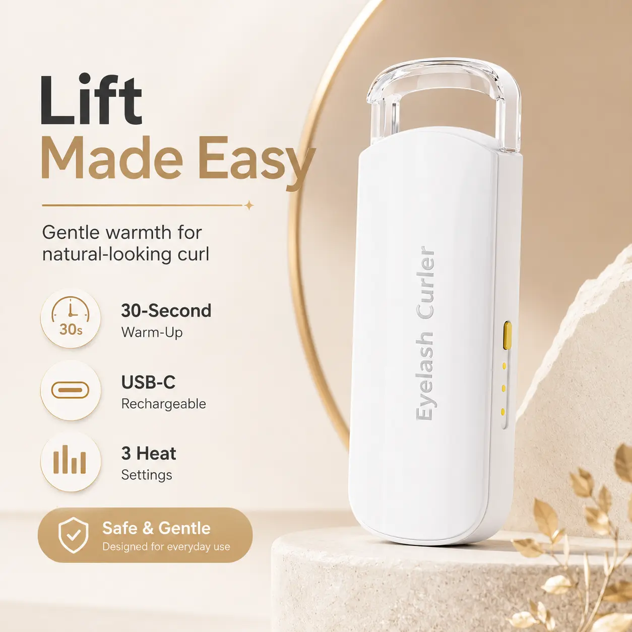 USB-C Heated Eyelash Curler, 3 Heat Settings, 30-Second Warm-Up Portable Electric Lash Curler for Natural-Looking Lift Precision Silicone Pad Eyelash Curler