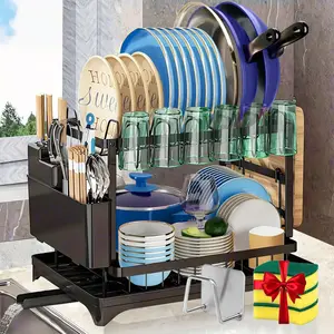 2-Tier Dish Drying Rack with 3 Sponges and 1 Holder, Large Capacity Dish Drying Organizer with Drainboard, Kitchen Space Saver Cutlery Organizer