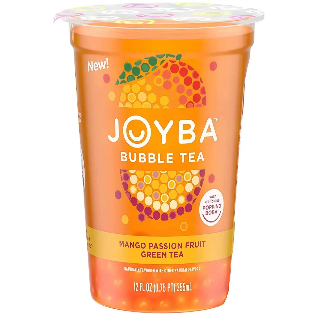Joyba Bubble Tea Mango Passion Fruit Green Tea with Popping Boba, 12 fl.oz. Cups (Pack of 6)