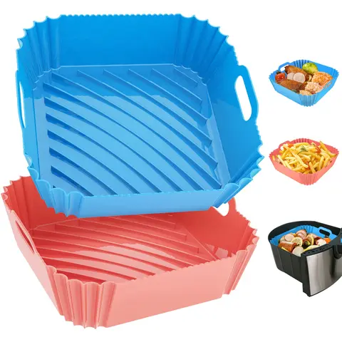Air Fryer Silicone Liners Square 2 Pack 8.6 Inch Airfryer Liners 4-7 QT Reusable Air Fryer Liners Silicone Pot Oven Liner Baking Tray, Air Fryer Basket Silicone Mat Bowl Air Fryer Accessories Kitchen