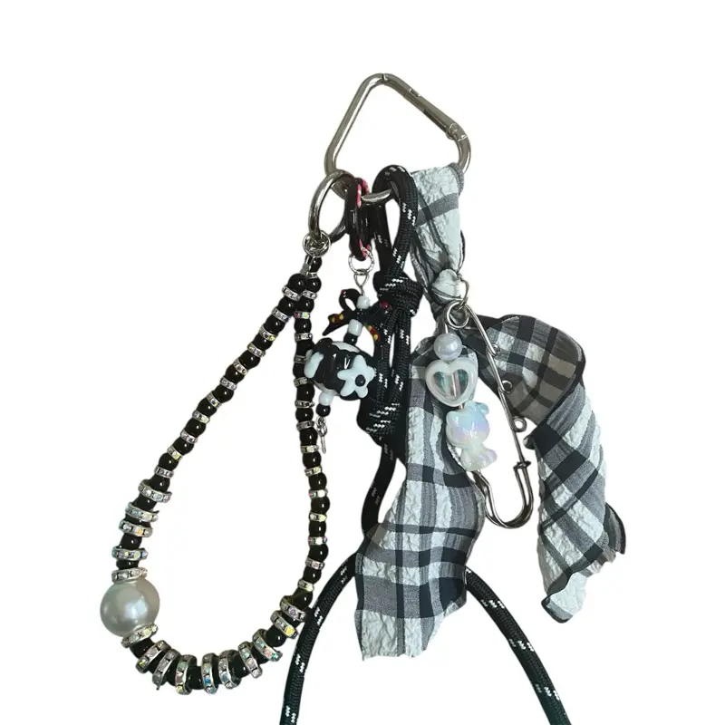 Bag Charm with Beaded Chain and Plaid Fabric Accent for Stylish Keychain or Accessory