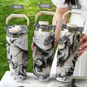 30oz Stainless Steel Insulated Traveler Tumbler, Dragon Shadow Print, Dual-Layer Vacuum, Portable Travel Cup with Lid, Drinkware, Vacuum Insulated Flask, Gift for Parents and Friends