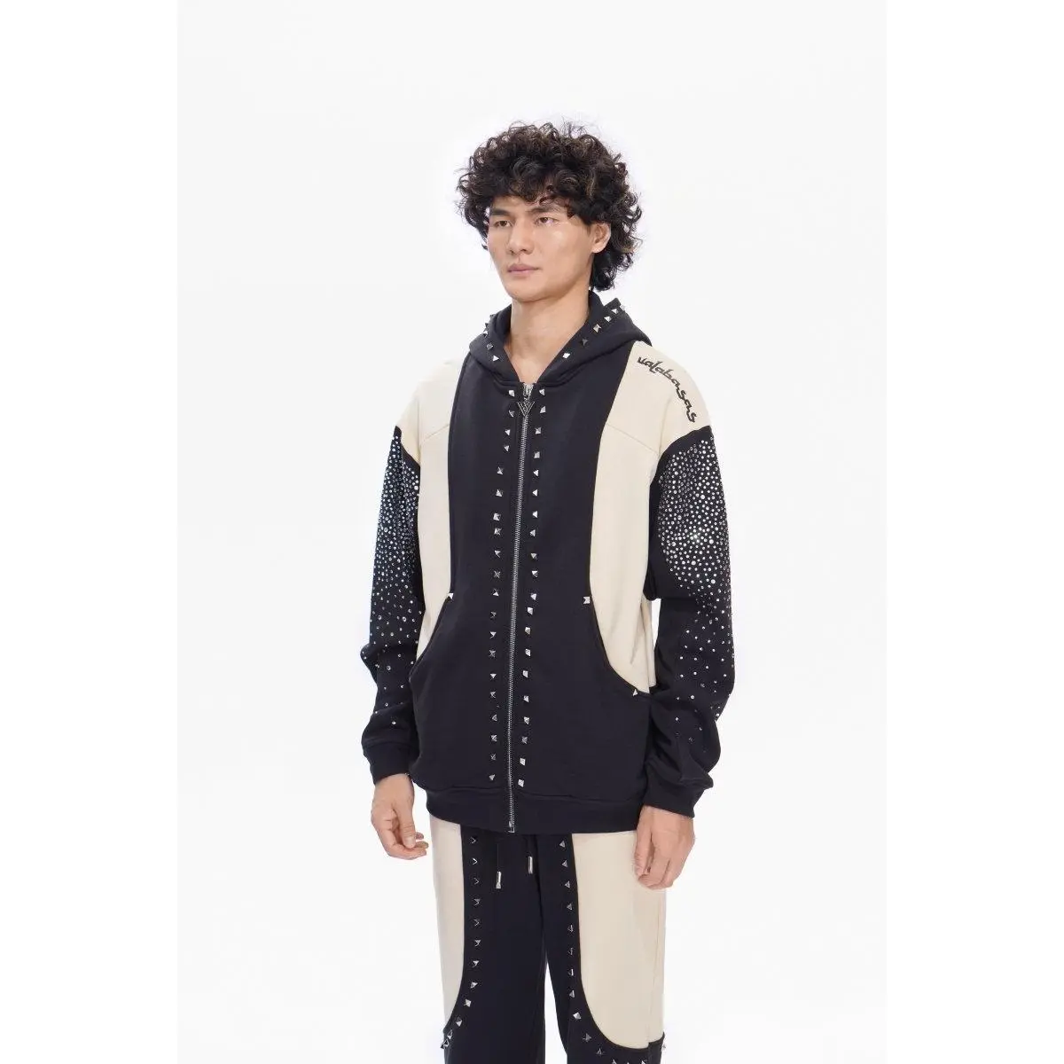 Fleece Poncho Hoodie for Men, Relaxed Fit Streetwear Jacket with Studded Contrast and Rhinestone Accents, Coats, Zipper, Rhinestones, Tops, Poncho Jacket, Accent Details Men's Fleece Jackets