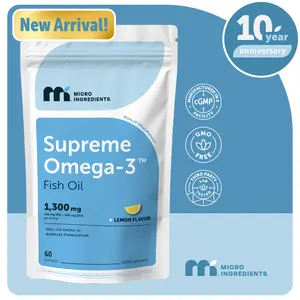 Micro Ingredients Supreme Omega-3 Fish Oil w/Ultra High EPA & DHA, Burpless Softgels | rTG Omega-3 with Vitamin D3 | Wild-Caught Cold Deep-Sea Water | Lemon Flavor, Easy to Swallow Micro Ingredients Supreme Omega-3 Fish Oil w/Ultra High EPA & DHA, Burpless Softgels | rTG Omega-3 with Vitamin D3 | Wild-Caught Cold Deep-Sea Water | Lemon Flavor, Easy to Swallow